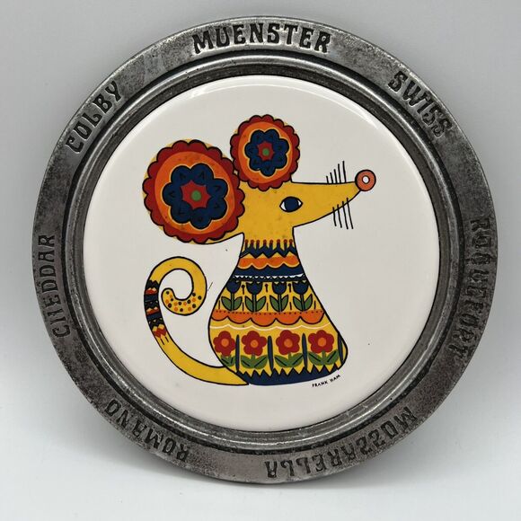 Vtg Mouse Patchwork Cheese Plate Tile Pewter Signed USA Frank Ham 70s Retro - Picture 1 of 4
